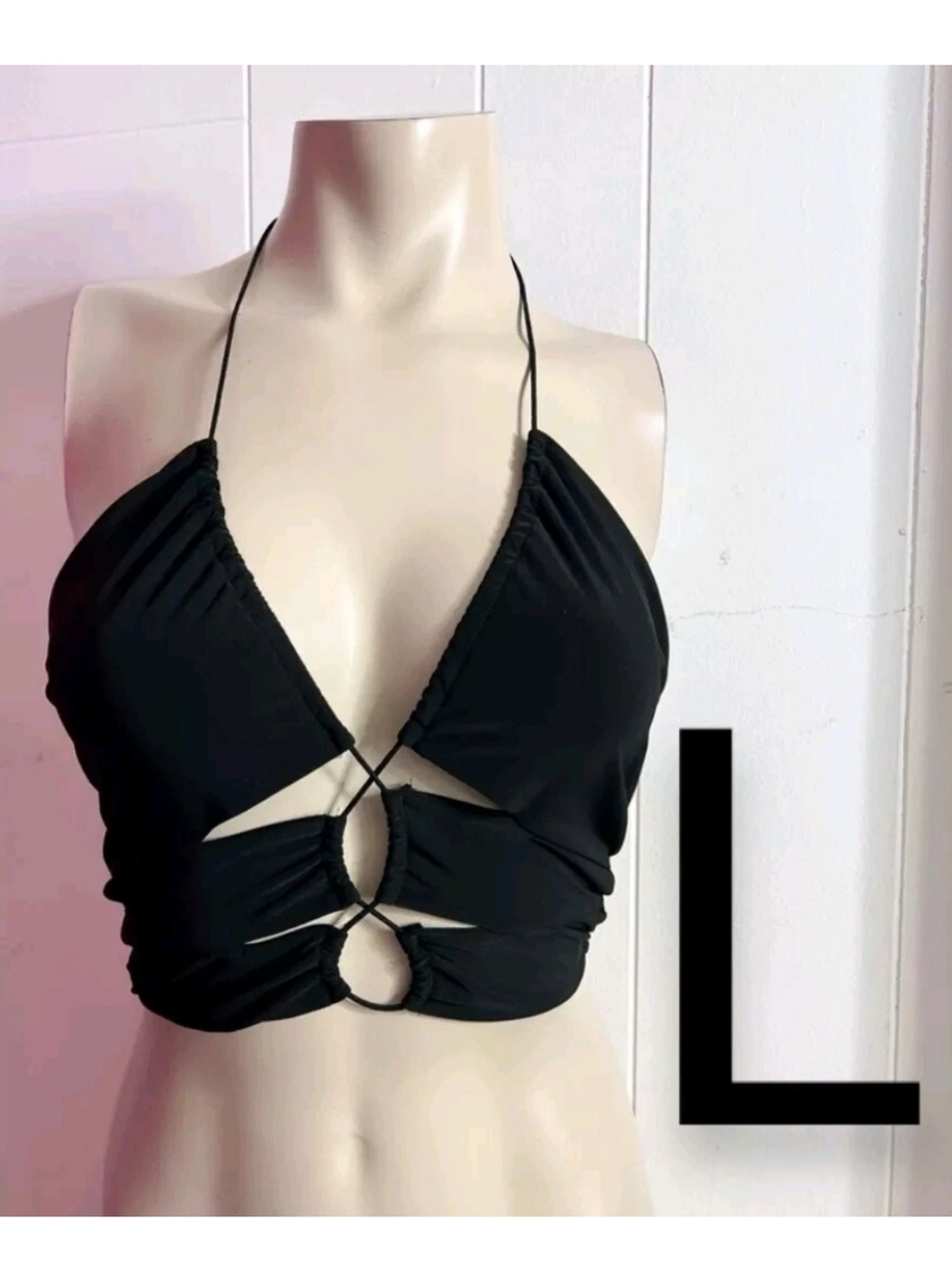 🆕Fashion Nova Sexy Black Halter Lace Up Crop Top~Size L